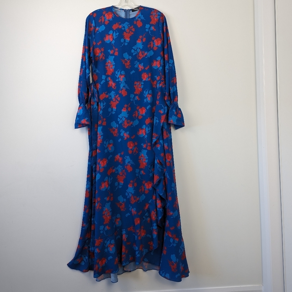 Rekay Style Blue Floral Print Maxi Dress with Gathered Sleeves - US 8
